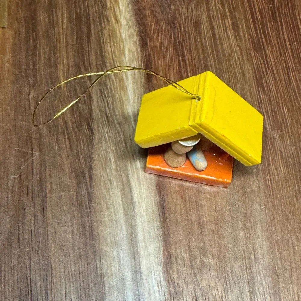 Vintage Miniature Wood Nativity Ornament Yellow Stable Made in Taiwan Christmas